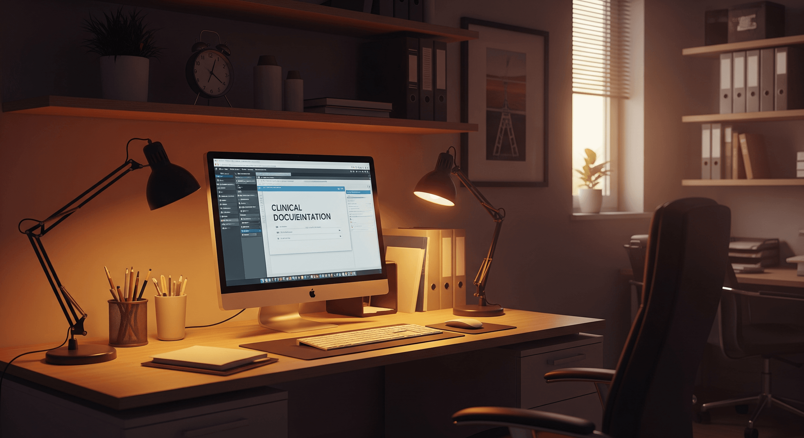 Modern psychiatrist's office with a computer screen showing clinical documentation software, warm lighting, professional healthcare setting, clean and organized desk, mental health practice environment, technology integration in healthcare